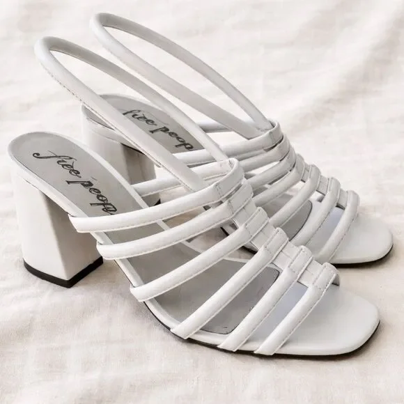 Free People Collette Strappy Heel White Block Sandal Square Toe Size 7 - Picture 3 of 9